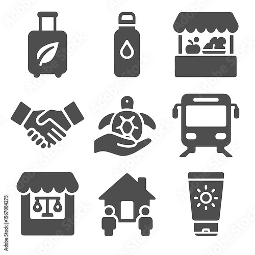 Eco Travel Icons. Solid, filled icons set of socially responsible travel: eco-friendly suitcase, reusable