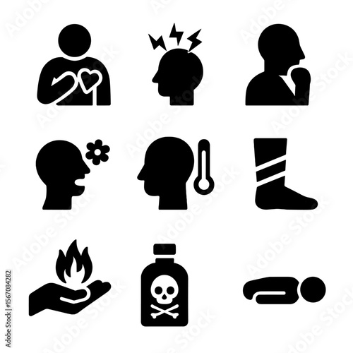 Health Emergency Icons. Solid, filled icon set of health emergencies: heart attack, stroke, choking, allergic reaction, fever,