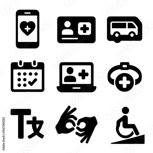 Health Accessibility Icons. Solid, filled icon set of health accessibility tools: mobile health app, health card, transport pass,