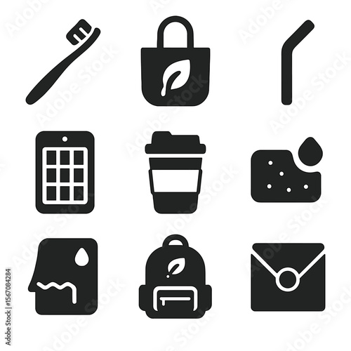 Eco Travel Gear Icons. Solid, filled icons set of eco-friendly travel gear: bamboo toothbrush, reusable bag,