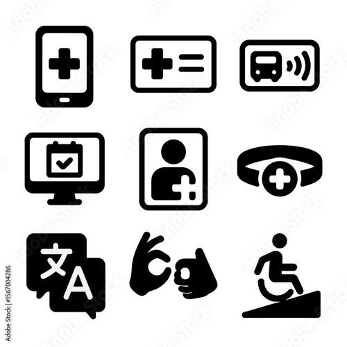 Health Accessibility Icons. Solid, filled icon set of health accessibility tools: mobile health app, health card, transport pass,