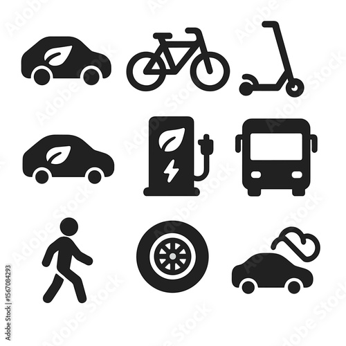 Eco Transport Icons. Solid, filled icons set of eco-friendly transportation: electric car, bike, scooter,