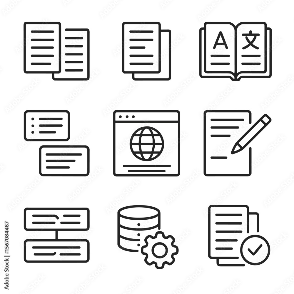 Training Data Icons. Outline icon set of training data types: parallel corpus, monolingual text, bilingual dictionary, glossary Training Data Icons. Outline icon set of training data types: parallel corpus, monolingual text, bilingual dictionary, glossary