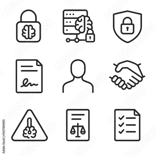 Ethics and Security Icons. Outline icon set of ethics, privacy and data security: lock with brain symbol, encrypted neural data