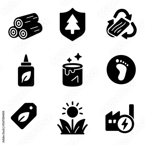 Eco-Friendly Icons. Solid, filled icons set of environmental considerations: sustainably harvested wood,