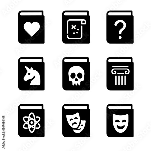 Literary Theme Icons. Solid, filled icon set of literary themes: love story, adventure, mystery, fantasy, horror, history, science