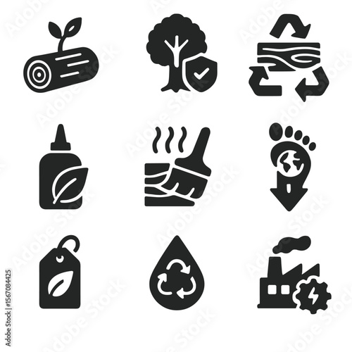 Eco-Friendly Icons. Solid, filled icons set of environmental considerations: sustainably harvested wood,