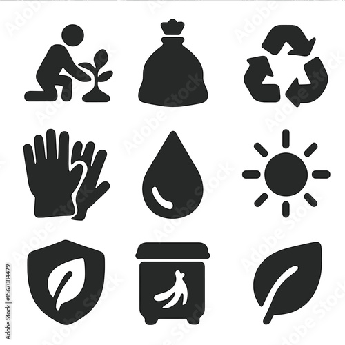 Eco-Friendly Icon Set. Solid, filled icons set of environmental volunteering: tree planting, trash bag,