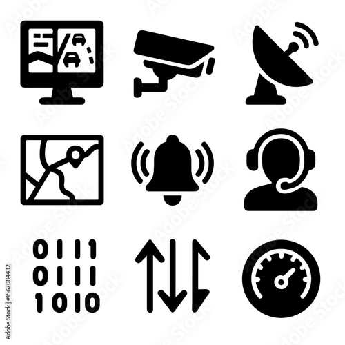 Traffic Management Icons. Solid, Filled icon set of traffic management systems: control center screen, CCTV camera, radar dish,