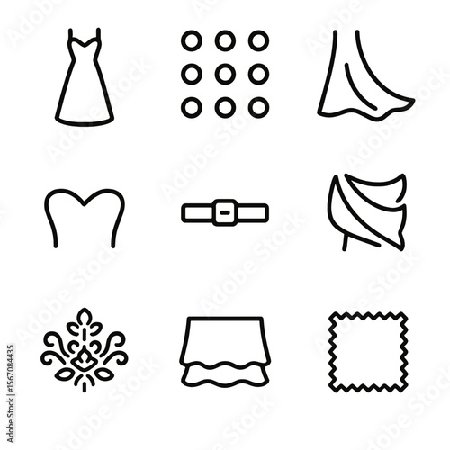 Evening Gown Icons. Outline icon set of evening gown details: gown silhouette, sequin pattern, flowing train, sweetheart neckline,