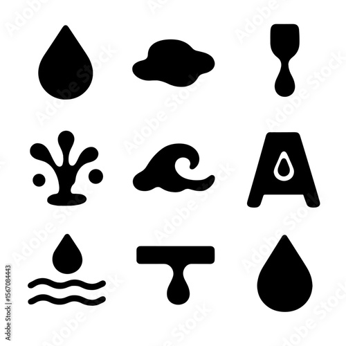 Liquid Spill Icons. Solid, filled icon set of liquid spills: water droplet, puddle, drip, splash, wave, wet floor, soak, leak,