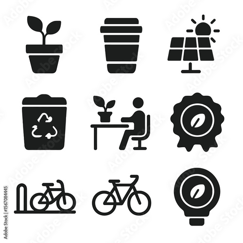 Eco-Friendly Icons Set. Solid, filled icons set of eco-friendly co-working: plant pot, reusable cup, solar