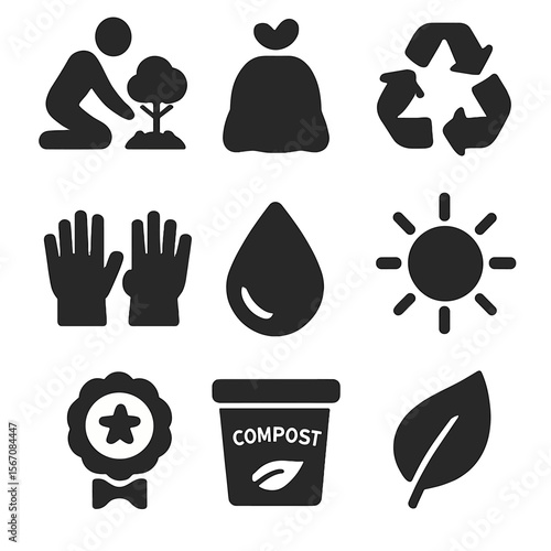 Eco-Friendly Icon Set. Solid, filled icons set of environmental volunteering: tree planting, trash bag,