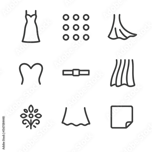 Evening Gown Icons. Outline icon set of evening gown details: gown silhouette, sequin pattern, flowing train, sweetheart neckline,