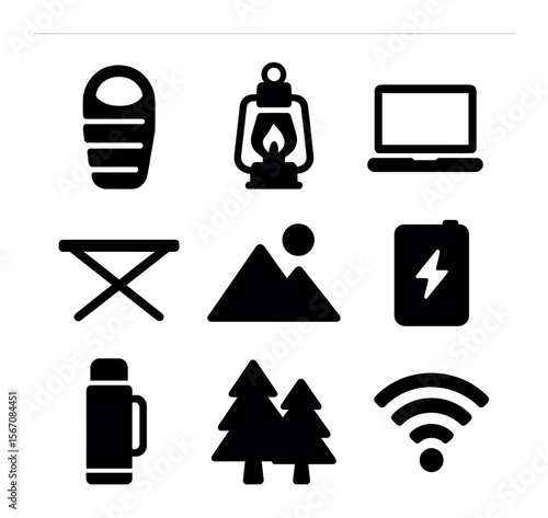 Camping Essentials Icons. Solid, filled icons set of working from tent: sleeping bag, lantern, laptop, table,