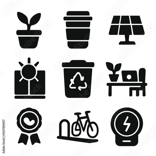 Eco-Friendly Icons Set. Solid, filled icons set of eco-friendly co-working: plant pot, reusable cup, solar