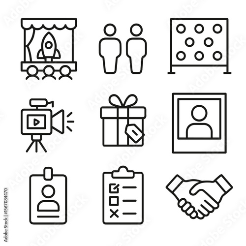 Event Collaboration Icons. Outline icon set of event and collaboration activities: product launch stage, meet-and-greet silhouette