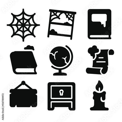 Forgotten Library Icons. Solid, filled icon set of forgotten library artifacts: cobweb, broken shelf, faded label, abandoned book,