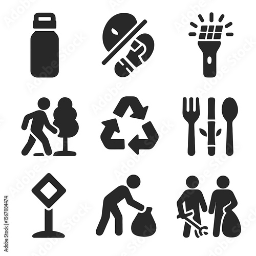 Eco-Friendly Icon Set. Solid, filled icons set of eco-friendly activities: reusable bottle, leave-no-trace
