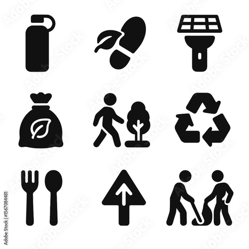 Eco-Friendly Icon Set. Solid, filled icons set of eco-friendly activities: reusable bottle, leave-no-trace