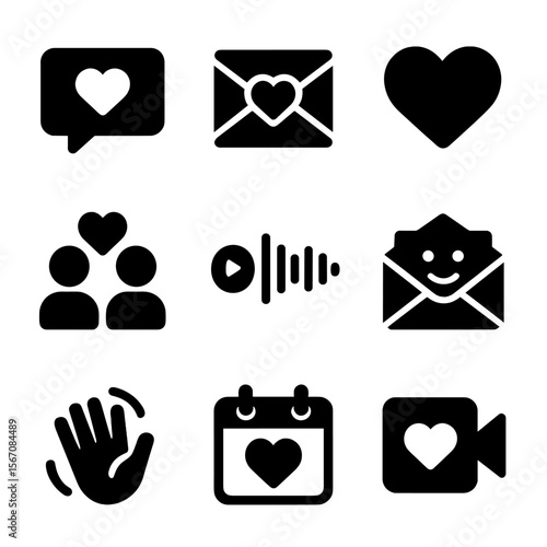 Heartfelt Communication Icons. Solid, filled icon set of heartfelt communication: message bubble, love letter, heart emoji, video