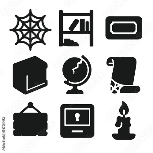 Forgotten Library Icons. Solid, filled icon set of forgotten library artifacts: cobweb, broken shelf, faded label, abandoned book,