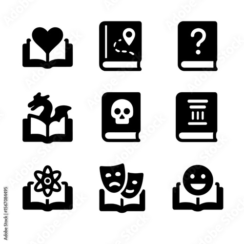 Literary Theme Icons. Solid, filled icon set of literary themes: love story, adventure, mystery, fantasy, horror, history, science