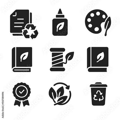 Eco-Friendly Bookbinding Icons. Solid, filled icons set of eco-friendly bookbinding: recycled paper, natural