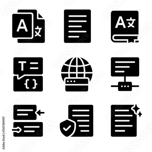 Training Data Icons. Solid, Filled icon set of training data types: parallel corpus, monolingual text, bilingual dictionary,