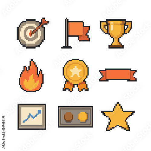 Training Goals Icons. Pixel art icon set of training goals and achievements: goal target, milestone flag, trophy cup, achievement