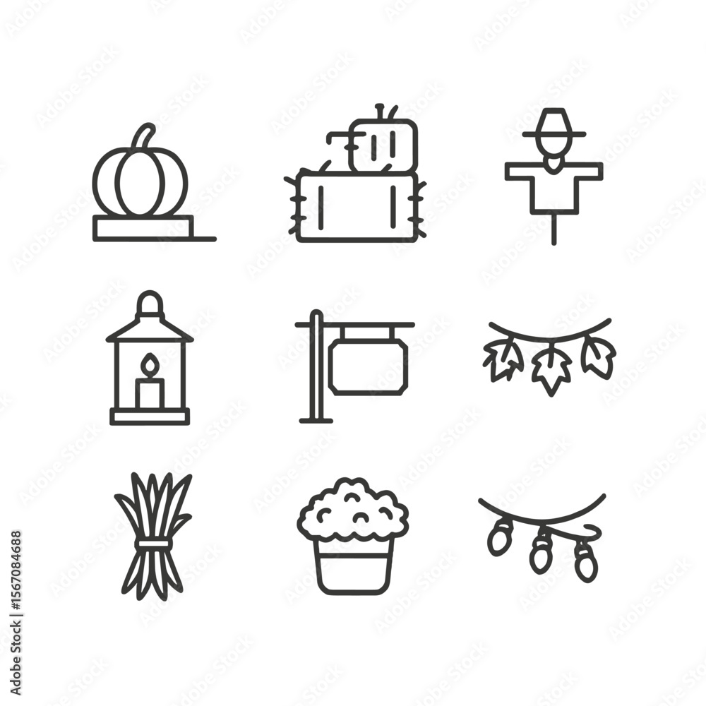 Naklejka premium Fall Porch Icons. Outline icon set of outdoor fall porch and entryway decor: pumpkin on step, hay bale stack, scarecrow silhouette