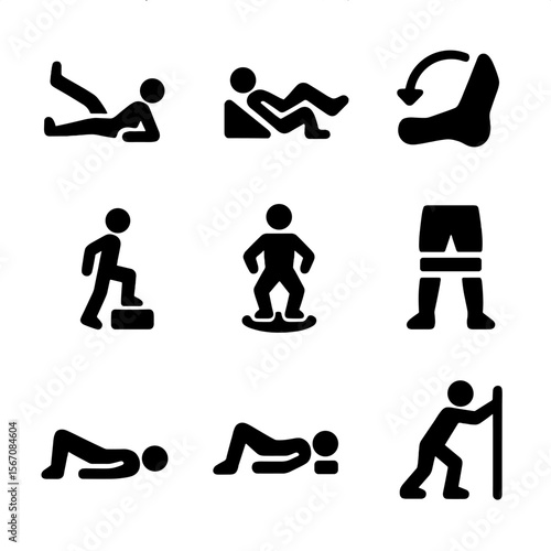 Lower Body Rehab Icons. Solid, filled icon set of lower body rehabilitation: leg lifter, knee wedge, ankle circle, step trainer,