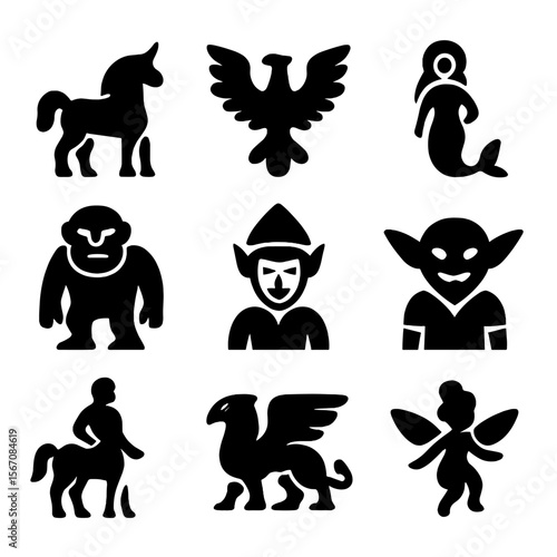 Magical Creature Icons. Solid, filled icon set of magical creatures in fairy tales: unicorn, phoenix, mermaid, troll, elf, goblin,