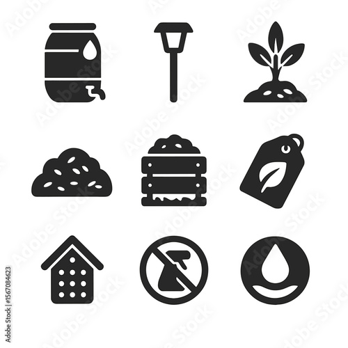 Eco-Friendly Garden Icons. Solid, filled icons set of eco-friendly garden design: rain barrel, solar path