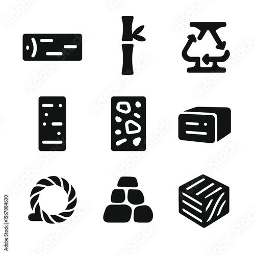 Eco-Friendly Construction Icons. Solid, filled icons set of eco-friendly structural supports: timber beam,