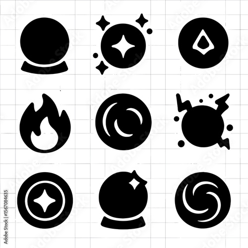 Magic Ball Icons. Solid, filled icon set of fantasy and magic balls: crystal ball, glowing orb, floating rune ball, magical