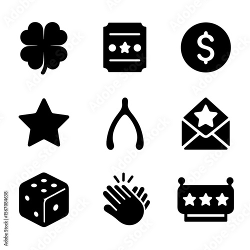 Lucky Icons Grid. Solid, filled icon set of lucky surprise moments: four-leaf clover, lottery ticket, winning coin, golden star,