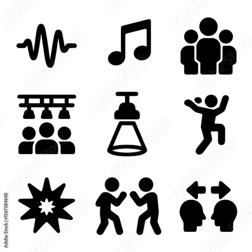 Freestyle Dance Icons. Solid, filled icon set of freestyle dance elements: rhythm, beat, music notes, crowd, stage, spotlight,