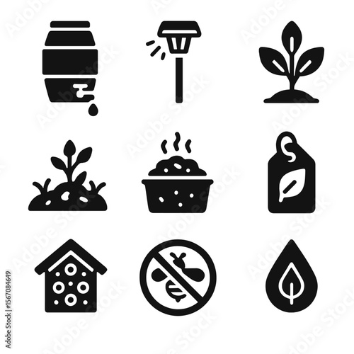 Eco-Friendly Garden Icons. Solid, filled icons set of eco-friendly garden design: rain barrel, solar path
