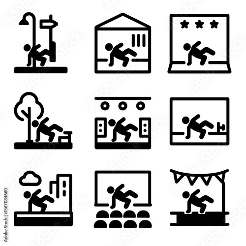 Freestyle Dance Icons. Solid, filled icon set of freestyle dance environment: street corner, dance studio, stage, park, club, gym,