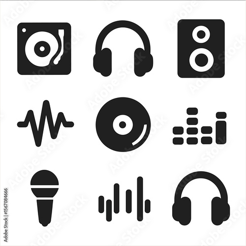 Freestyle Music Icons. Solid, filled icon set of freestyle dance music: DJ turntable, headphones, speaker, music wave, vinyl,