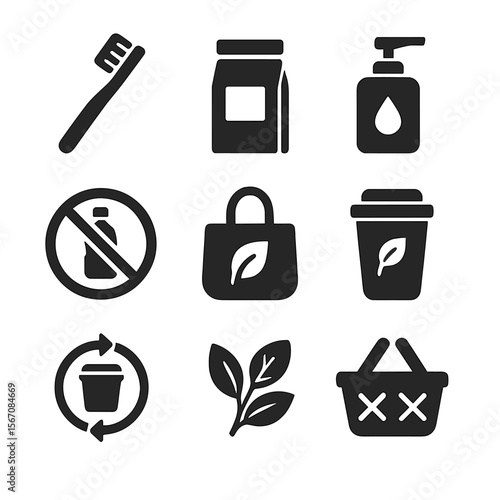 Eco-Friendly Icons Grid. Solid, filled icons set of environmentally-conscious consumer products: bamboo