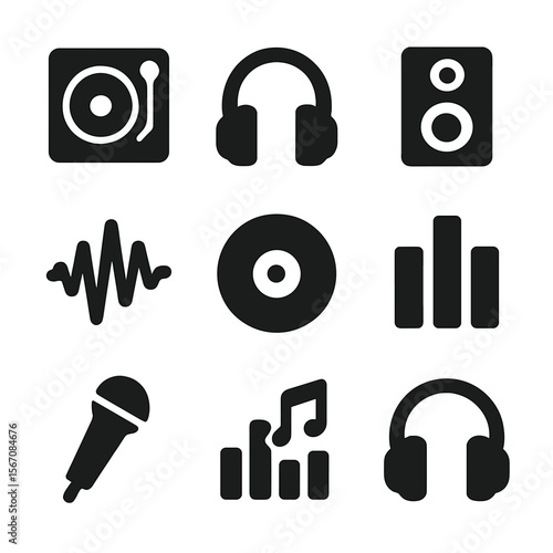 Freestyle Music Icons. Solid, filled icon set of freestyle dance music: DJ turntable, headphones, speaker, music wave, vinyl,