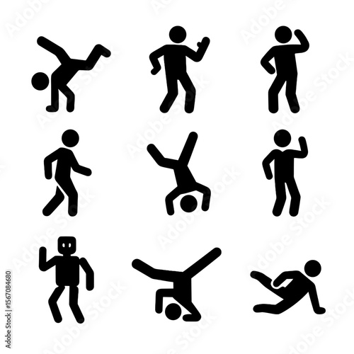 Freestyle Dance Icons Collection. Solid, filled icon set of freestyle dance moves: breakdance, popping, locking, moonwalk,