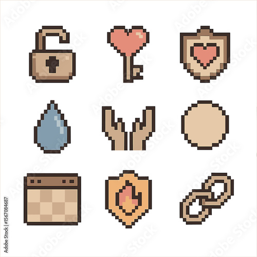 Trust Icon Set. Pixel art icon set of trust and vulnerability: open lock, heart key, shield with heart, tear drop, open hands,