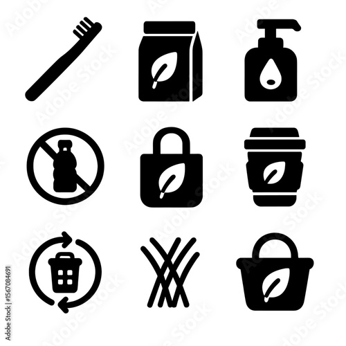 Eco-Friendly Icons Grid. Solid, filled icons set of environmentally-conscious consumer products: bamboo
