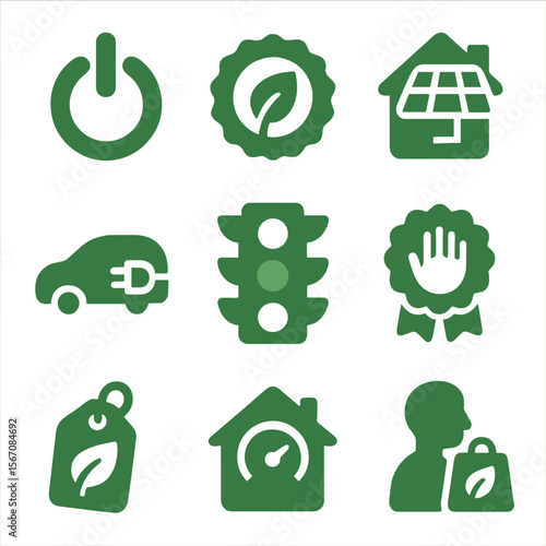 Eco-Friendly Icons Grid. Solid, filled icons set of green consumer choices: energy switch, eco label,
