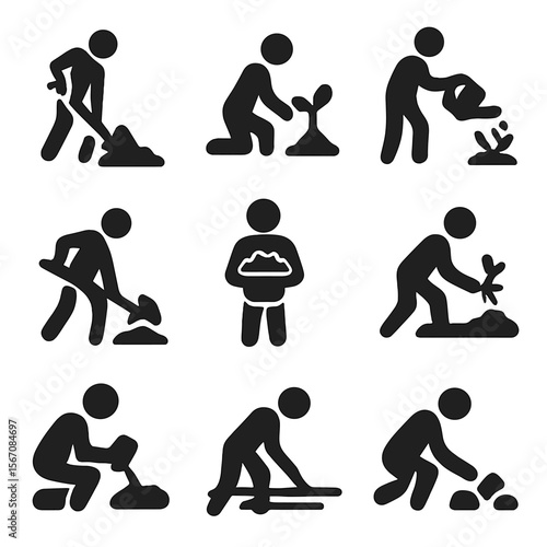 Manual Field Work Icons. Solid, filled icon set of manual field work: digging, planting, watering, hoeing, carrying basket,