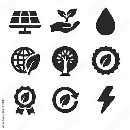Eco-Friendly Icons Grid. Solid, filled icons set of environmental branding icons: solar panel, plant in hand,