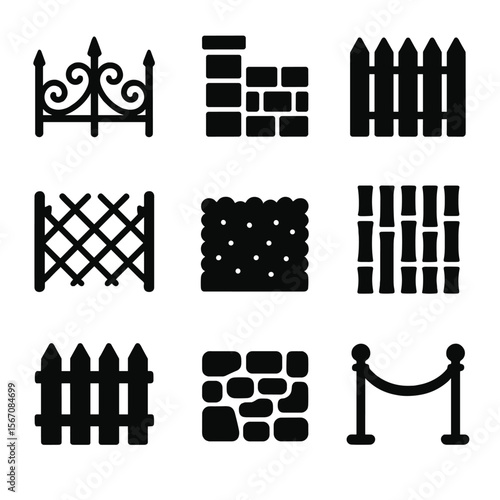 Historic Fences Icons. Solid, filled icon set of historic fences: wrought iron scroll, stone pillar, wooden palisade, chain link